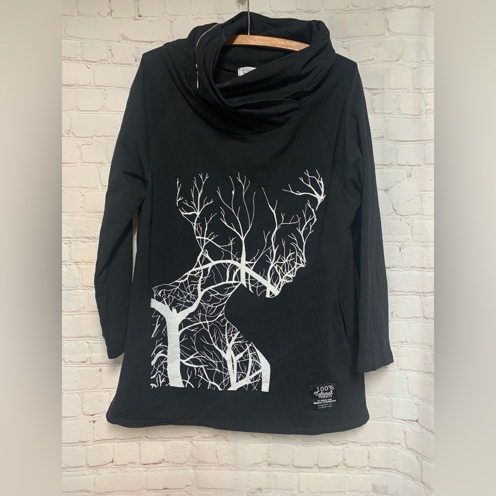 T Transparente Black Cowl Neck Zipper with White Branch Design Top Size L Italy